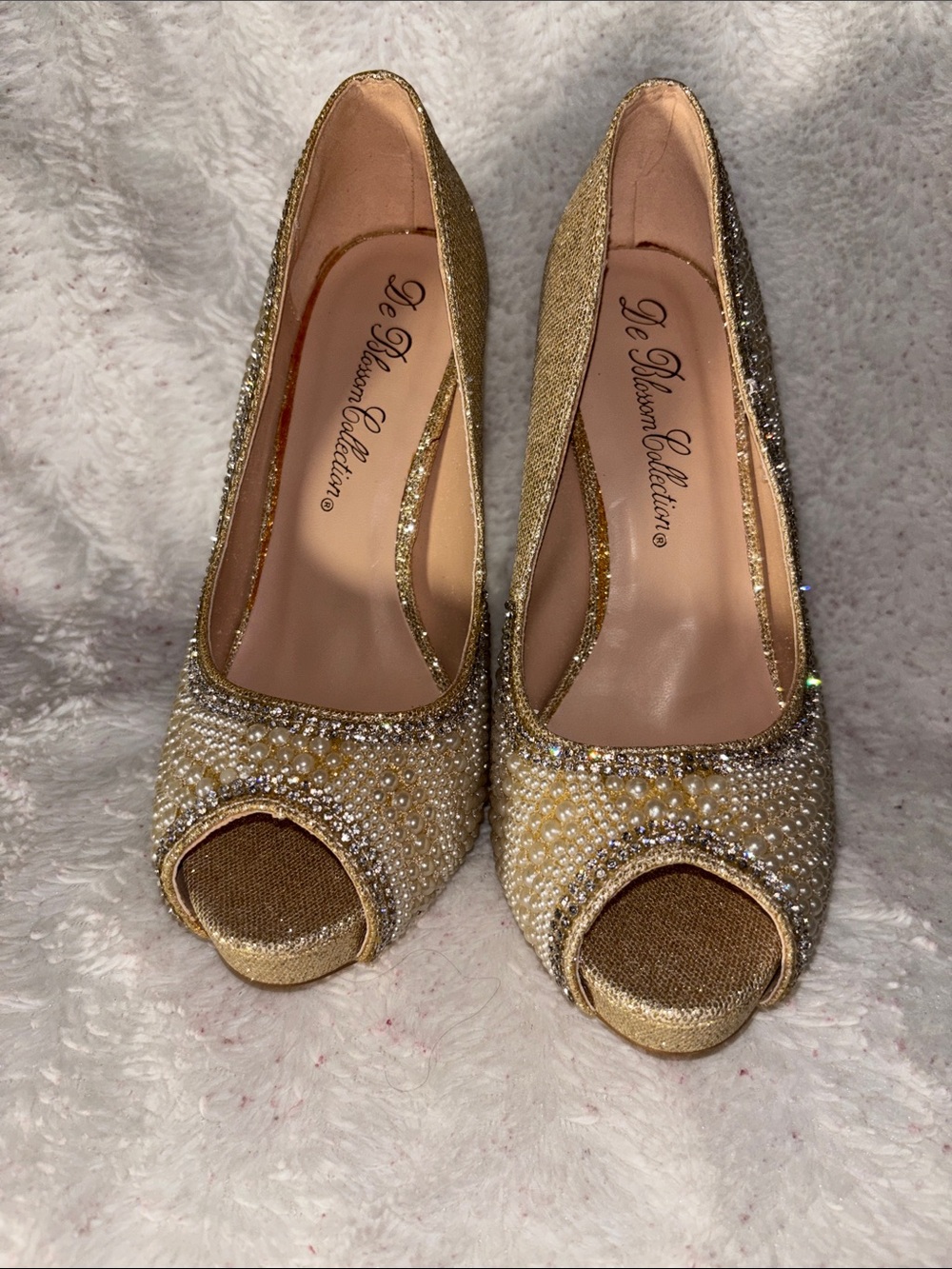 De Blossom Collection Gold Rhinestone & Pearl Peep-Toe Heels - Picture 3 of 9